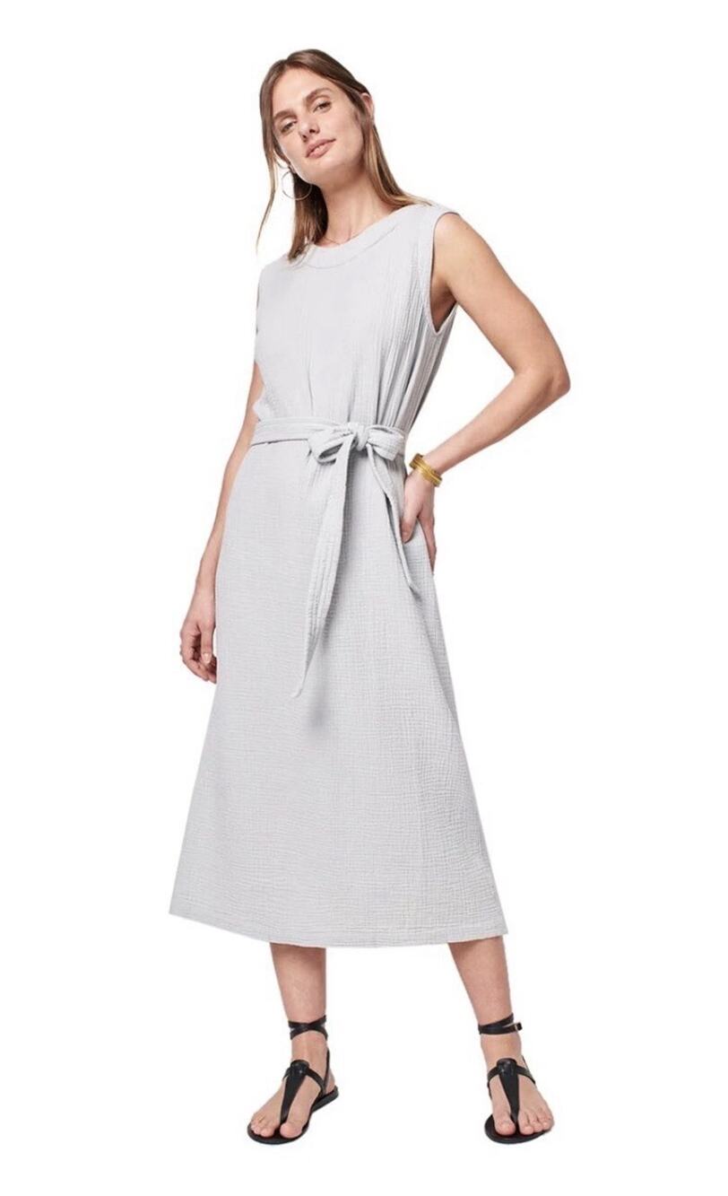 Faherty Gray Gauzy Organic Cotton Dream Costs Belted Shift Midi Shift Dress Xs
